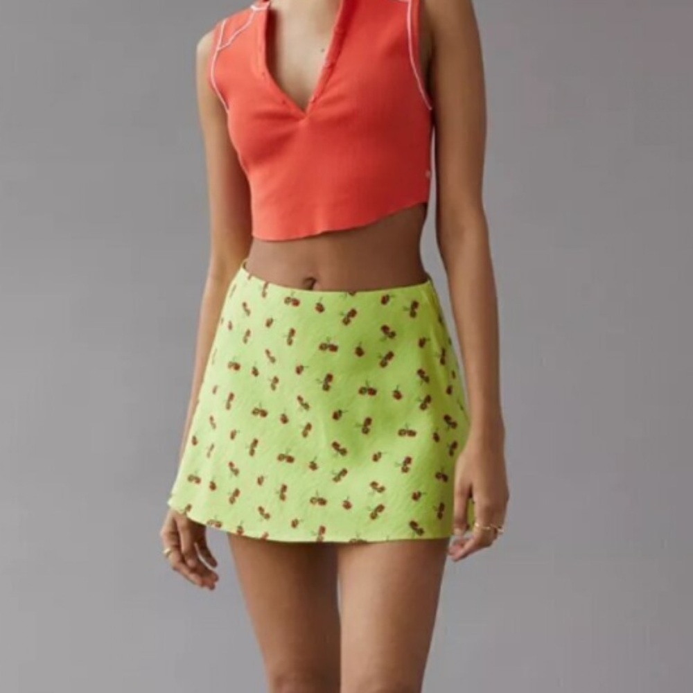 Urban Outfitters Neon Lime Mini Skirt with Cherry Print